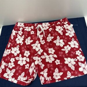 New Men’s XXL (2XL) Swim Trunks Flower Hawaii Floral Red&White Swim Shorts